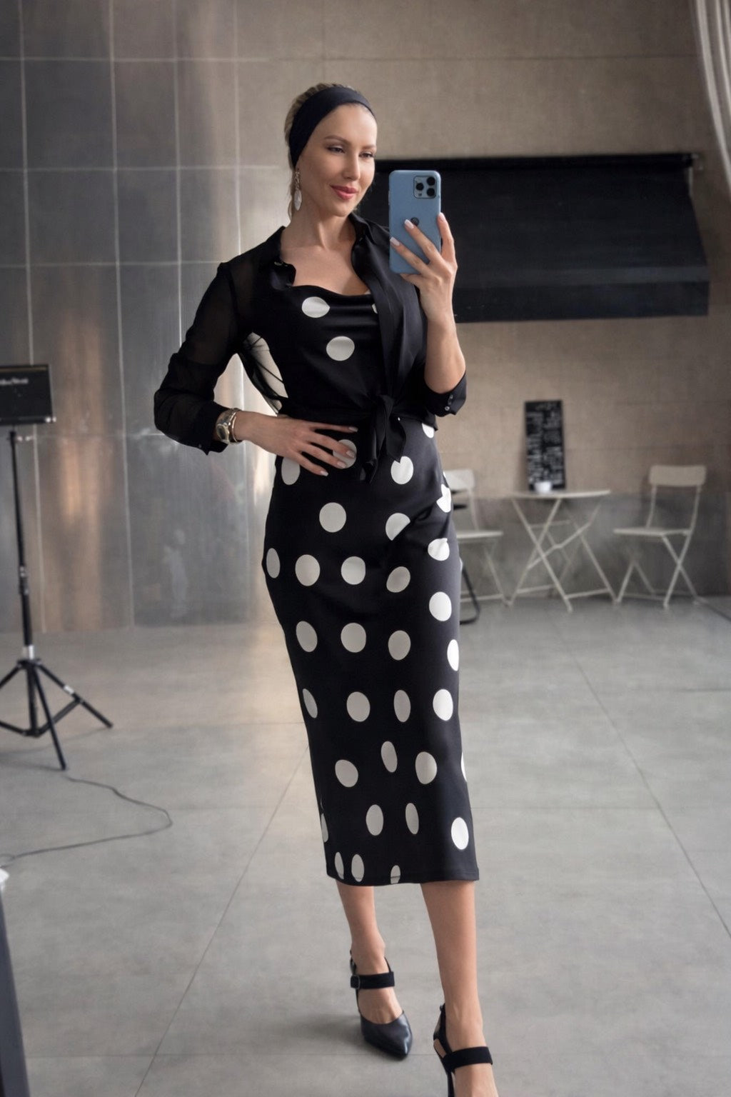 Two-Piece Silk Black Dress with White Polka Dots With Blouse
