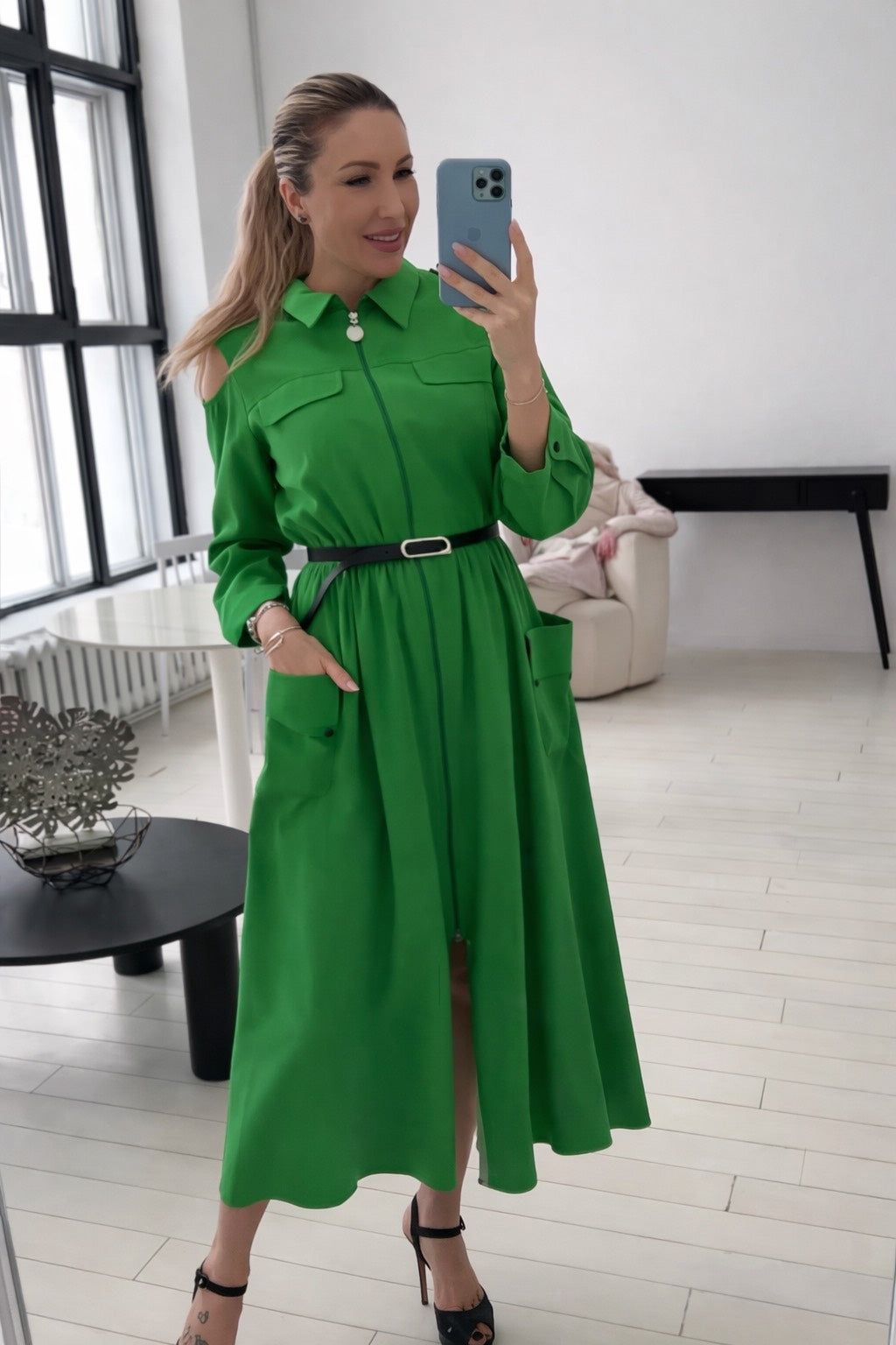 Green Dress with Black Belt