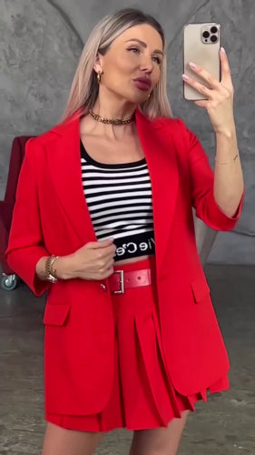 Coral Suit With a Unique Jacket and Skirt-Shorts Design
