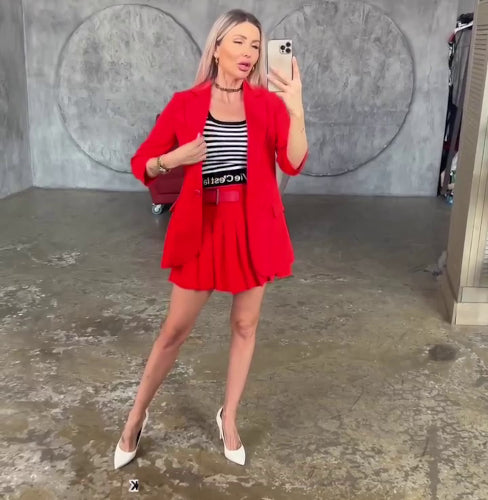 Coral Suit With a Unique Jacket and Skirt-Shorts Design