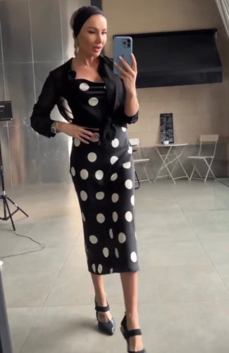 Two-Piece Silk Black Dress with White Polka Dots With Blouse