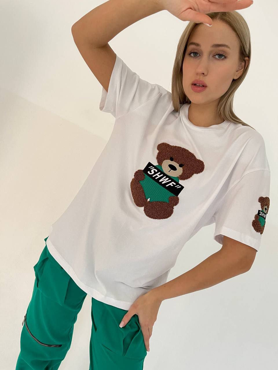 White T-Shirt With Green Teddy Bear Design (Comfort Fit)