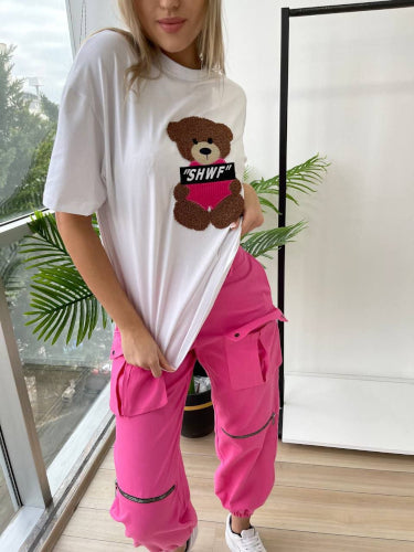 White T-Shirt With Pink Teddy Bear Design (Confort Fit)
